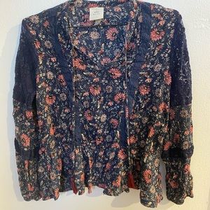 Blue & red floral blouse with lace details